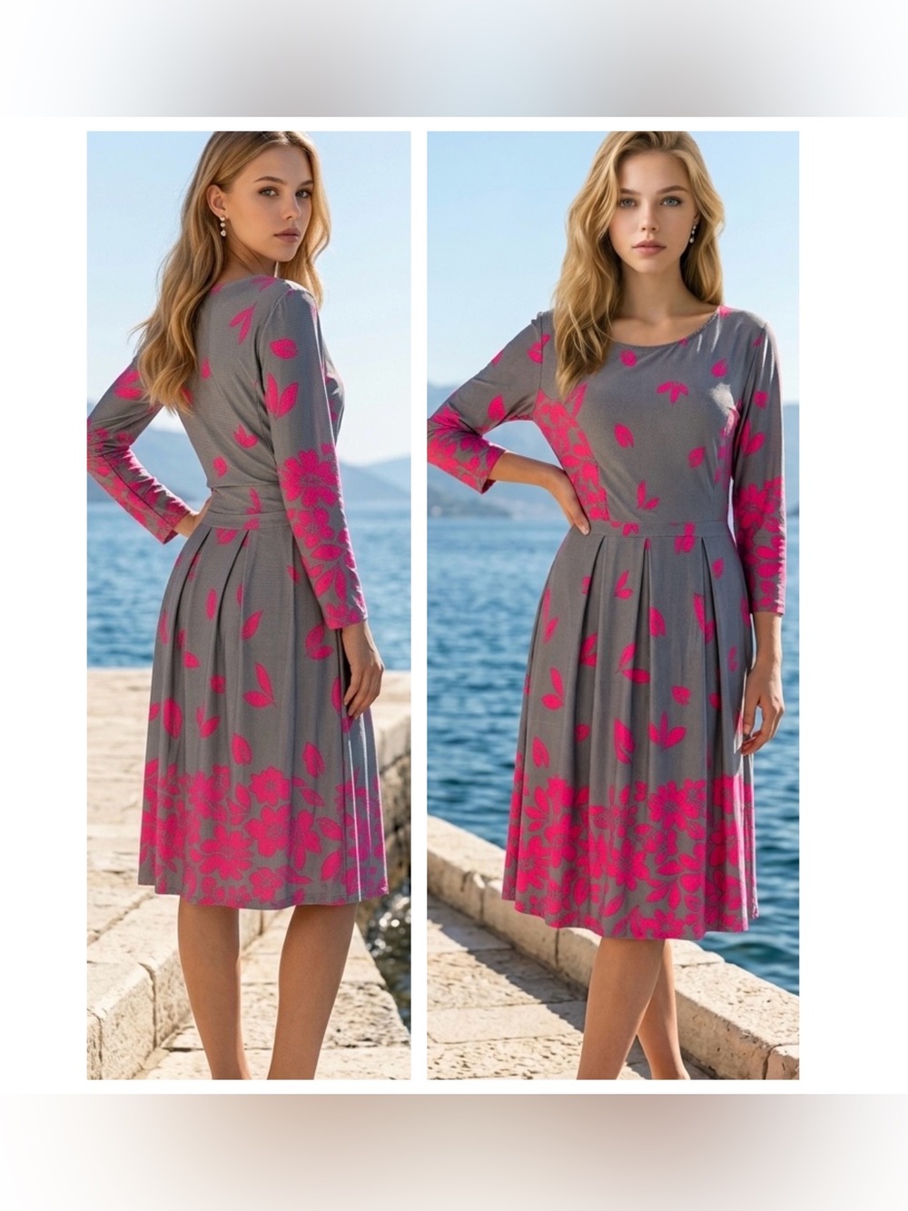 Reborn Women Sz L Grey w/Hot Pink Floral Print pullover Dress 3/4 sleeve pockets